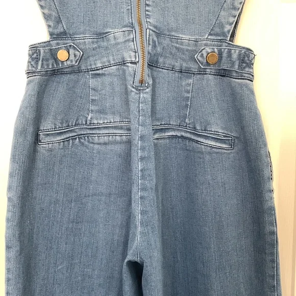 RACHEL ROY DENIM JUMPSUIT CUTOUT OVERALLS WIDE LEG LIGHT WASH - Picture 7 of 16